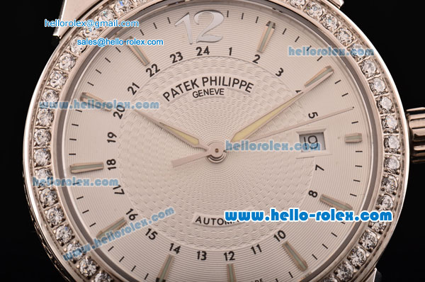 Patek Philippe Calatrava Swiss ETA 2836 Automatic Steel Case Diamond Bezel and Black Leather Strap White Dial with Stick Markers - Click Image to Close